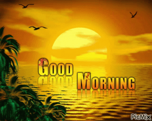 A Picture Of A Sunset With The Words " Good Morning " GIF