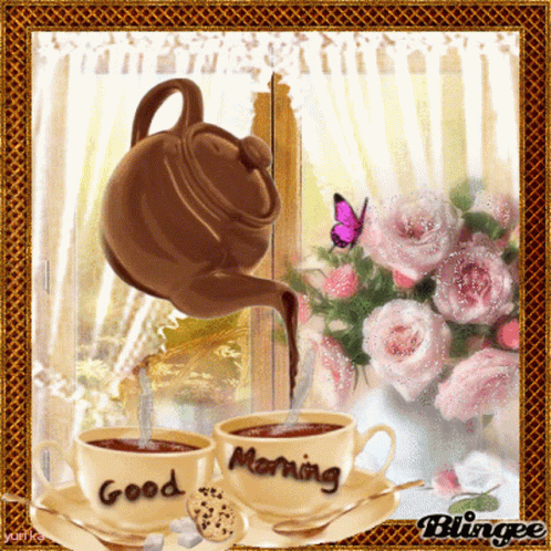 A Picture Of A Teapot Pouring Coffee Into A Cup That Says Good Morning GIF