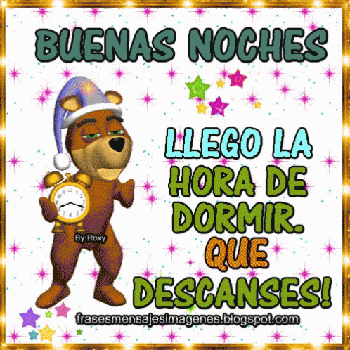 A Picture Of A Teddy Bear Holding A Clock That Says " Buenas Noches " GIF
