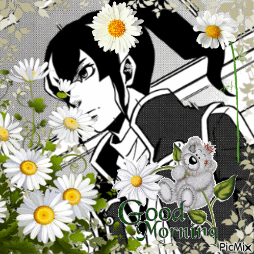 A Picture Of A Teddy Bear Surrounded By Daisies With The Caption Good Morning GIF