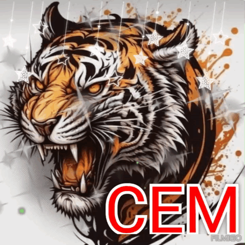 A Picture Of A Tiger With The Word Cem Written Below It GIF