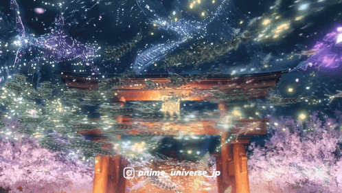 A Picture Of A Torii Gate Surrounded By Cherry Blossoms With The Hashtag Anime Universe_jp GIF