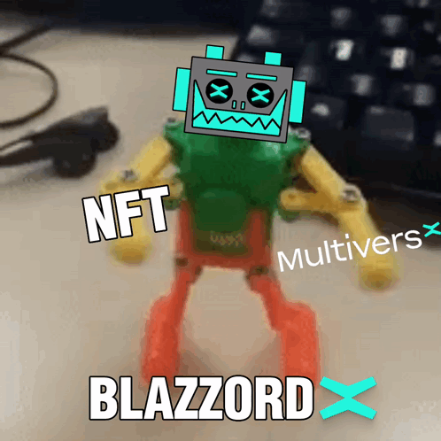 A Picture Of A Toy Robot With The Words Nft Blazzard On It GIF