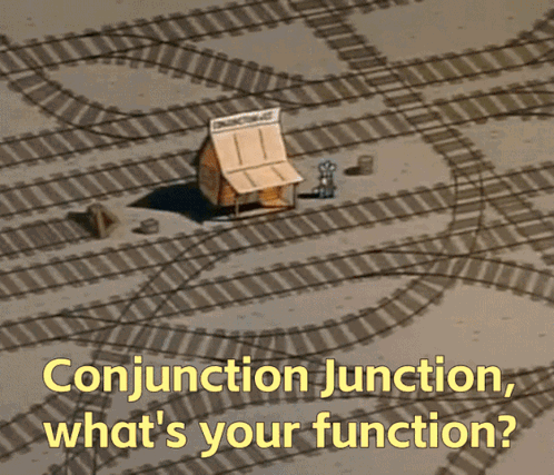 a picture of a train track with the words conjunction junction what 's your function on it