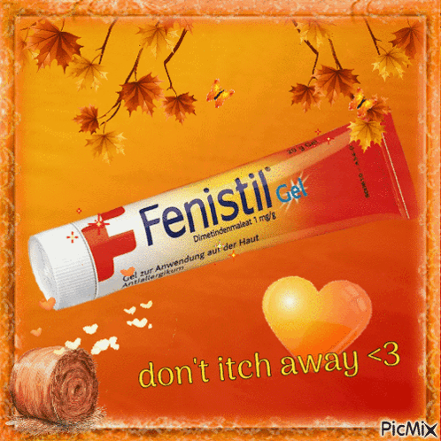 A Picture Of A Tube Of Fenistil Gel With A Heart And Leaves In The Background GIF