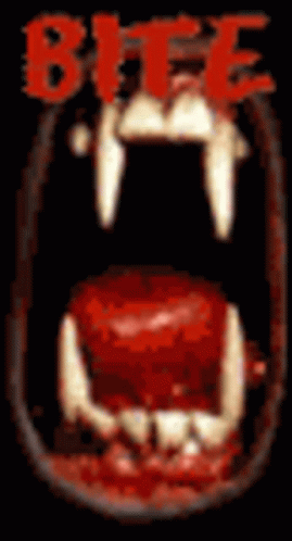 A Picture Of A Vampire 'S Mouth With The Words Bite Written Above It . GIF