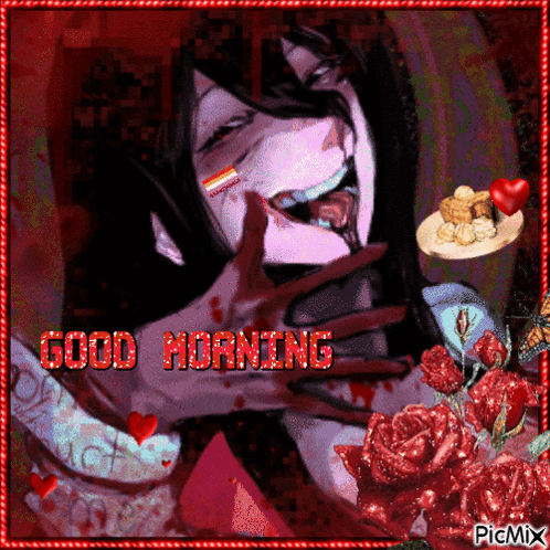 A Picture Of A Vampire With The Words Good Morning Written In Red GIF