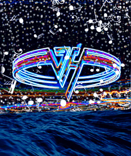 A Picture Of A Van Halen Logo With Music Notes Around It GIF
