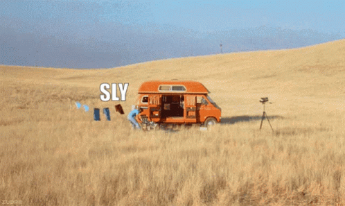 A Picture Of A Van In A Field With The Words Sly On It GIF