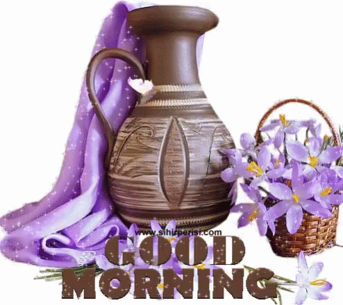 A Picture Of A Vase With Purple Flowers And The Words " Good Morning " GIF