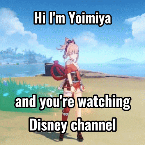 A Picture Of A Video Game Character Says Hi I 'M Yoimiya And You 'Re Watching Disney Channel GIF
