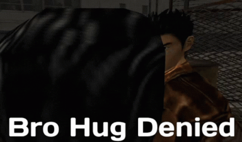 A Picture Of A Video Game Character With The Words Bro Hug Denied GIF