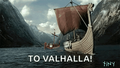 A Picture Of A Viking Ship With The Words To Valhalla On It GIF