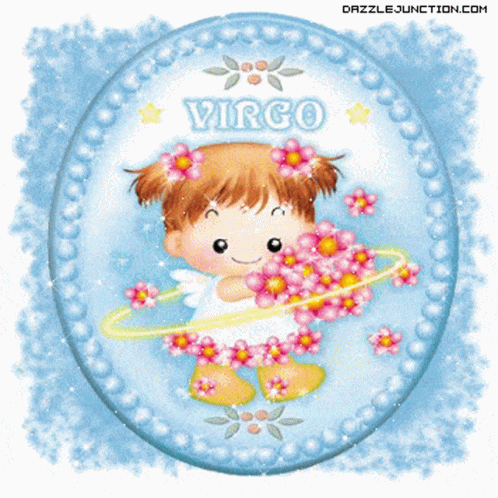 A Picture Of A Virgo Zodiac Sign With A Little Girl Holding Flowers GIF