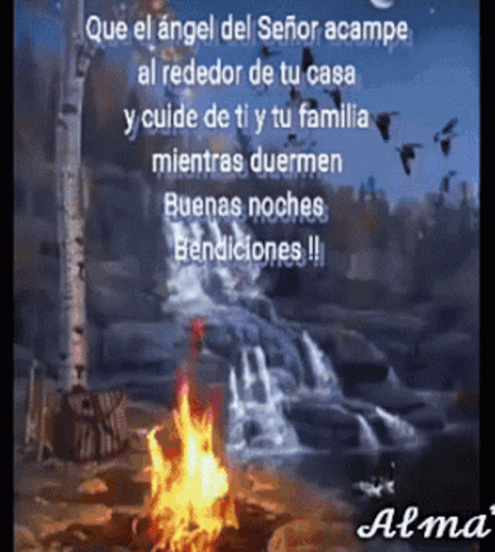 A Picture Of A Waterfall With A Fire In The Foreground And The Words Que El Angel Del Señor Acampe GIF