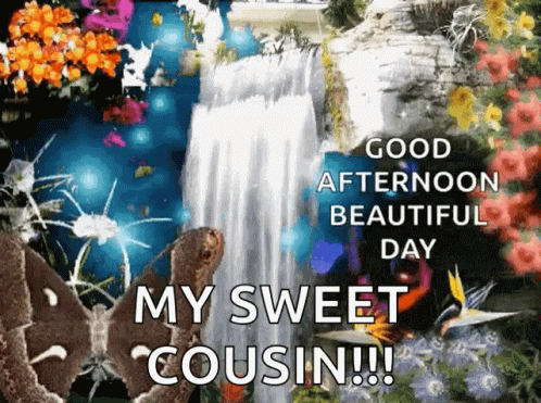 A Picture Of A Waterfall With The Words " Good Afternoon Beautiful Day My Sweet Cousin !!! " GIF