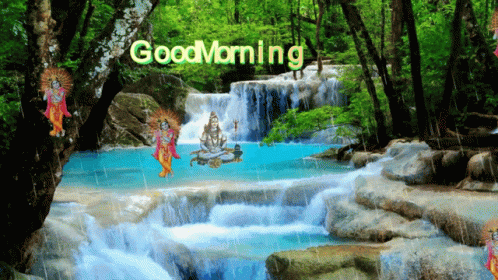 A Picture Of A Waterfall With The Words Good Morning On The Bottom GIF