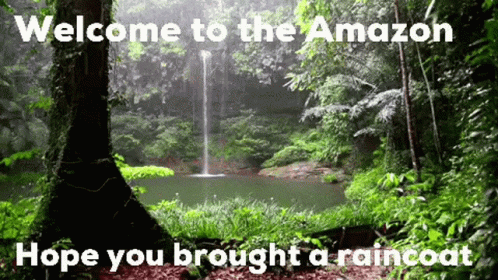 A Picture Of A Waterfall With The Words Welcome To The Amazon Hope You Brought A Raincoat Below It GIF