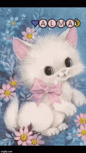 A Picture Of A White Cat With A Pink Bow And The Name Alma On The Bottom GIF
