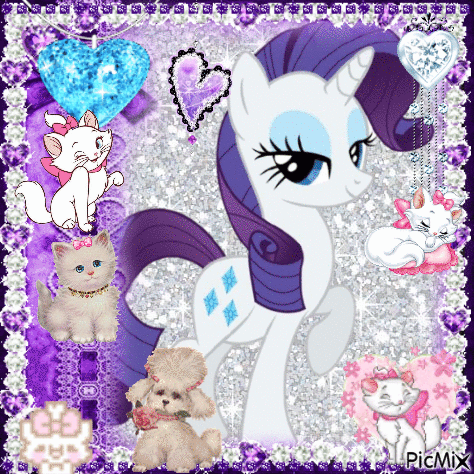 A Picture Of A White Pony With A Purple Mane Surrounded By Cats GIF