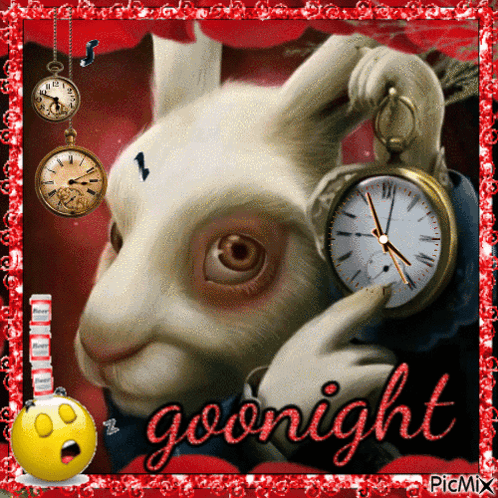 A Picture Of A White Rabbit Holding A Pocket Watch With The Words Goodnight On It GIF