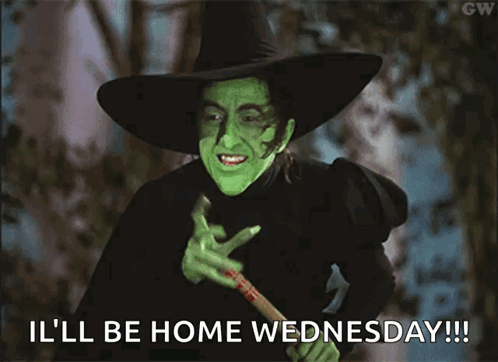 A Picture Of A Witch Holding A Bat And Saying " Ill Be Home Wednesday " GIF