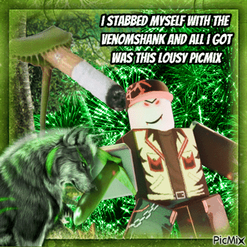 A Picture Of A Wolf And A Roblox Character With A Caption That Says I Stabbed Myself With The Venomshank GIF