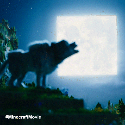 A Picture Of A Wolf Howling At The Moon With The Hashtag #Minecraftmovie GIF