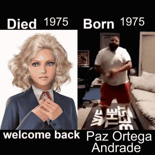 A Picture Of A Woman And A Picture Of A Man With The Words Welcome Back Paz Ortega Andrade GIF