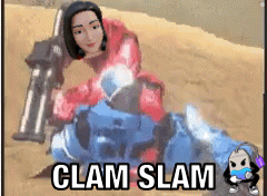 a picture of a woman and a robot with the words clam slam