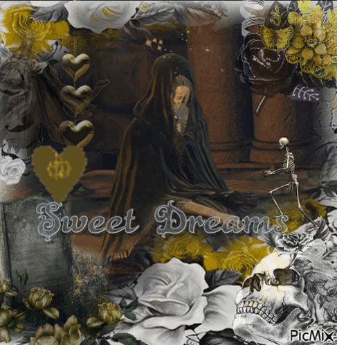 A Picture Of A Woman And A Skeleton With The Words Sweet Dreams On The Bottom GIF