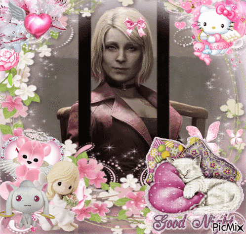 A Picture Of A Woman Behind Bars With Flowers And Hello Kitty GIF