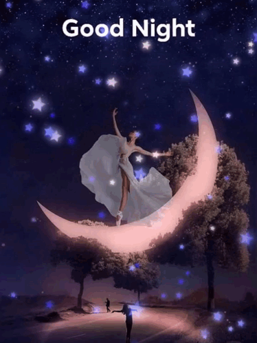 A Picture Of A Woman Dancing On A Crescent Moon With The Words Good Night Above Her GIF