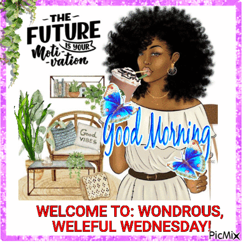 A Picture Of A Woman Drinking A Drink With The Words " The Future Is Your Motivation " Written On It GIF
