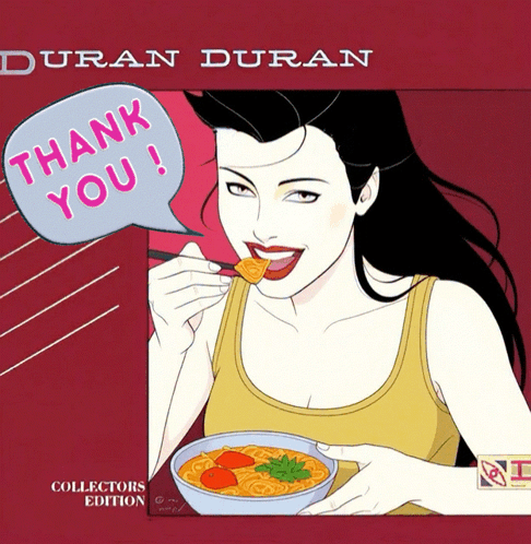 A Picture Of A Woman Eating A Bowl Of Soup With A Thank You Speech Bubble GIF