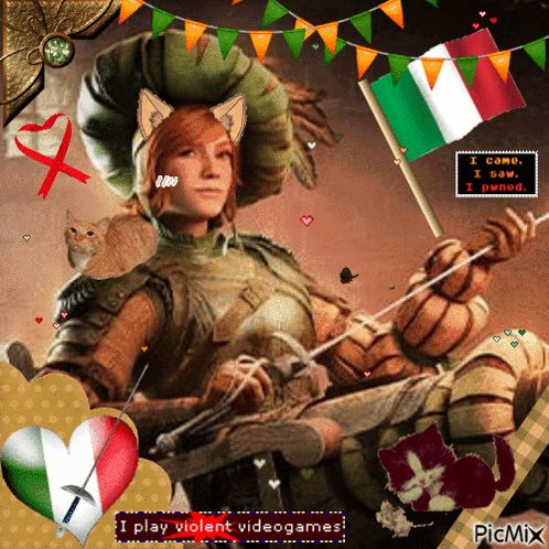 A Picture Of A Woman Holding A Bow And Arrow With The Words " I Play Violent Videogames " On The Bottom GIF