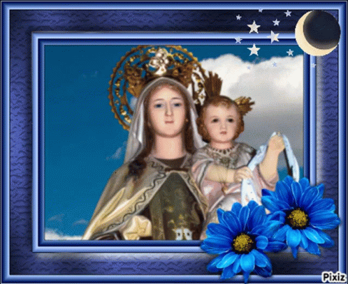 A Picture Of A Woman Holding A Child With Blue Flowers In The Foreground GIF