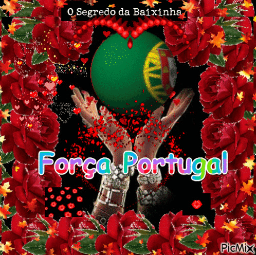 A Picture Of A Woman Holding A Green Ball With The Words Força Portugal On The Bottom GIF