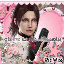 A Picture Of A Woman Holding A Gun With The Name Claire Written On It GIF