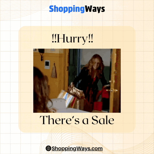 A Picture Of A Woman Holding A Purse With The Words " Hurry There 'S A Sale " GIF