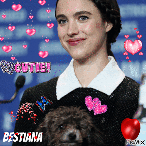 Woman Holding Small Dog With Cutie Text GIF