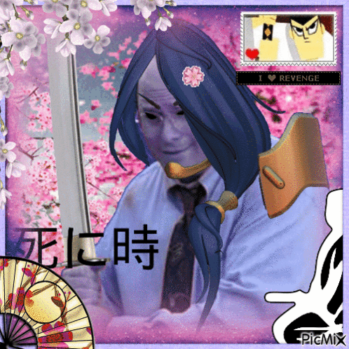A Picture Of A Woman Holding A Sword With The Words " I Love Revenge " In The Corner GIF