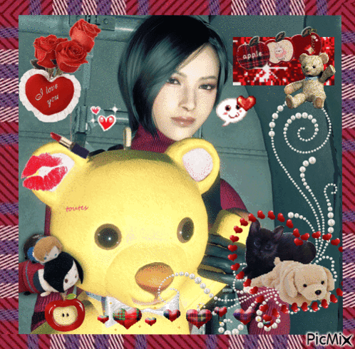 a picture of a woman holding a teddy bear with a heart that says i love you on it