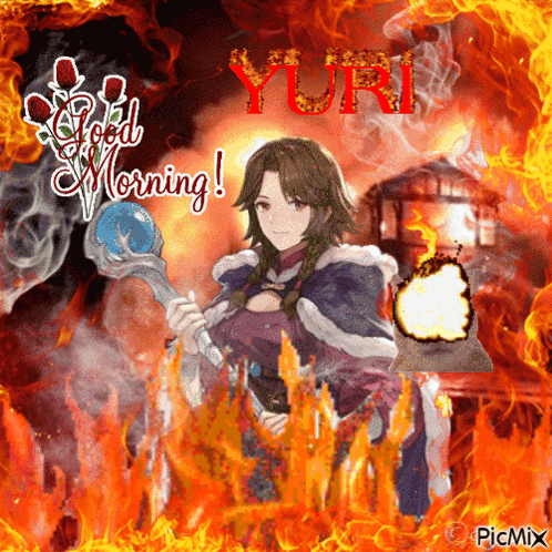 A Picture Of A Woman Holding A Torch With The Words Good Morning Yuri GIF