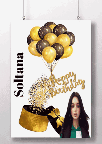 A Picture Of A Woman Holding Balloons And The Words Happy Birthday GIF