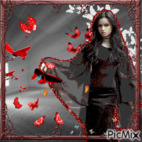 A Picture Of A Woman In A Black Dress With Red Butterflies Around Her GIF