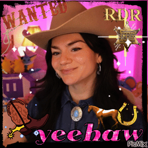 A Picture Of A Woman In A Cowboy Hat With Wanted Yeehaw Written On It GIF