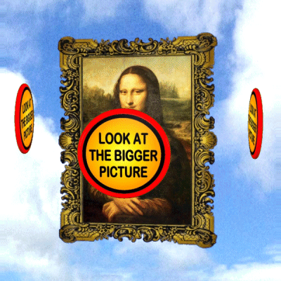 A Picture Of A Woman In A Gold Frame With A Yellow Circle That Says Look At The Bigger Picture GIF