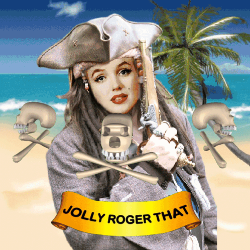 A Picture Of A Woman In A Pirate Costume With The Words Jolly Roger That On The Bottom GIF