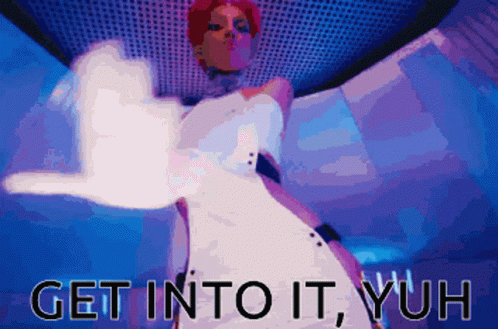 A Picture Of A Woman In A White Dress With The Words Get Into It Yuh Below Her GIF